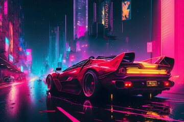 Race Car racing through a cyberpunk city | Cool Car Ai Generated synthwave wallpaper/background |