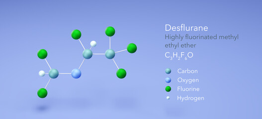 desflurane molecule, molecular structures, Highly fluorinated methyl ethyl ether, 3d model, Structural Chemical Formula and Atoms with Color Coding
