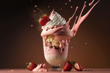 Glasses of milkshakes with chocolate, strawberry, with ice cream on black background. AI Generation
