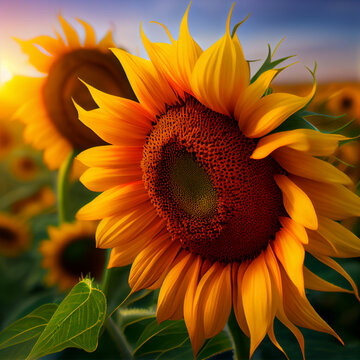 Field of sunflowers in bloom, hot sunny summer - AI generated image