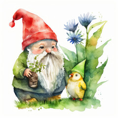 Gnome and chicken in garden, cartoon watercolor Generative AI illustration 