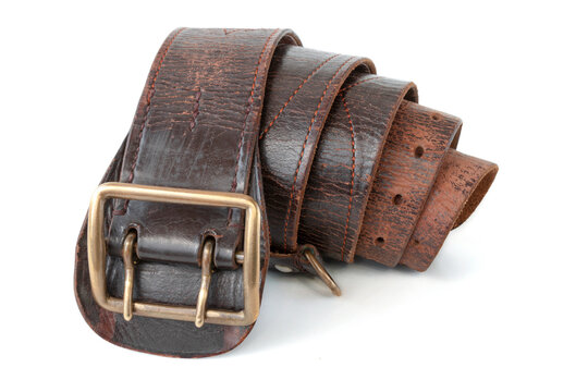 Leather belt with a copper buckle for uniform, military officer's belt, on a white isolated background