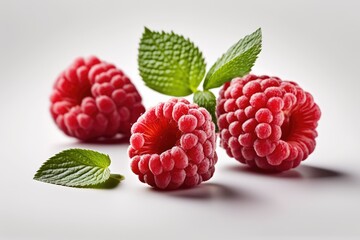 Juicy garden raspberries with leaves isolated on a white background.