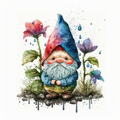 Sad garden gnome under rain with flowers isolated on white, watercolor Generative AI illustration 