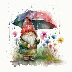 Garden gnome under an umbrella and wild flowers and grass, rainy spring day watercolor Generative AI illustration