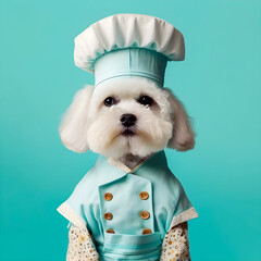 70s style puppy dog dressed in a chef's outfit, Generative AI