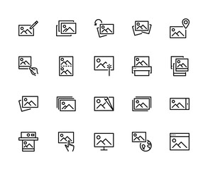 Photos vector icons linear set. Photograph management. Isolated collection of photography for websites and mobile. Editable stroke.