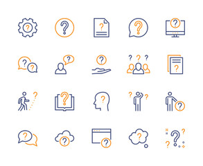 Questions and problem, vector linear colored icons set. Wonder. Isolated collection of question icon for websites. Editable Stroke.