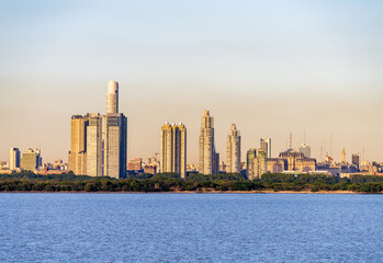 Large modern apartment buildings of Puerto Madero by the shoreline in Buenos Aires Argentina
