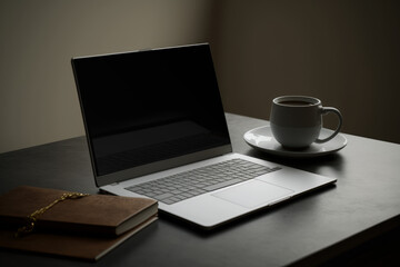 Obraz na płótnie Canvas Notebook laptop with blank screen, Mockup on Modern workspace, homeoffice, mobile office, generative AI