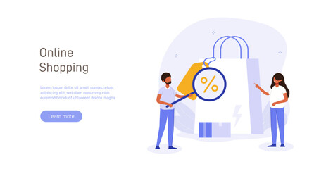 Shopping illustration concept. Woman makes purchases through mobile version of application or website in online store. Shopping creative flat vector.