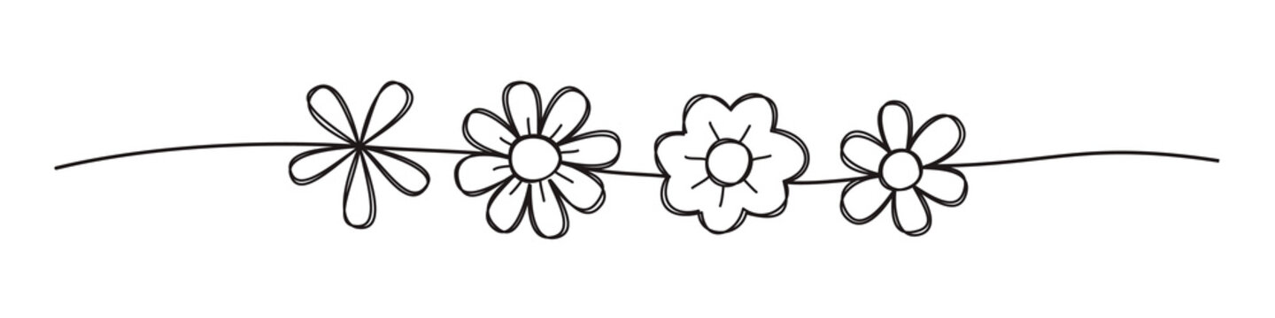 Floral spring banner, scribble style hand drawn with thin line, divider shape. Png isolated on transparent background
