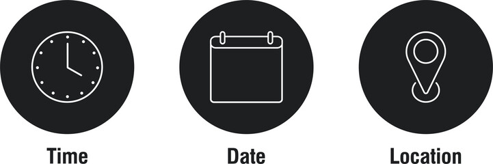 Date, time, location icon in flat style. Event message vector illustration on isolated background. Information sign business concept. Illustration