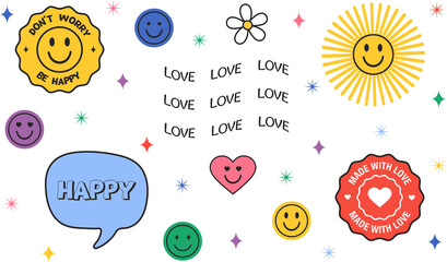 Don't worry be happy abstract patches collection. Made with love sticker. Cool trendy smile happy stickers. Illustration flat design