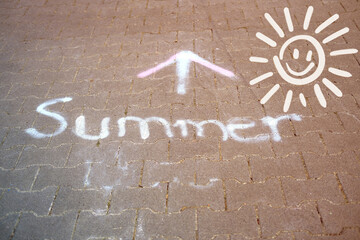 paving slabs, walking, cycling path, pedestrian path with text summer and arrow, sun, drawn with...