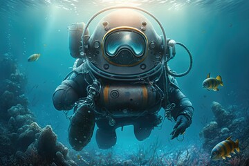 Robot scuba diver exploring the ocean. Generative ai.