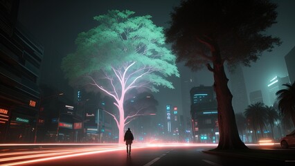 The park area of the city of the future. Luminous trees. A place to walk. Illustration.