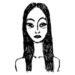 Portrait of a pretty young woman. Female face. Tired sad beautiful woman with long loose dark hair. Hand drawn linear doodle rough sketch. Black silhouette on white background.