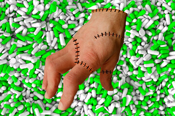 hand Thing of adult man in gothic style Wednesday Addam, green vitamins, capsule, pills, medicinal background, concept medicine and pharmacology, halloween, drug addiction problems, overdose