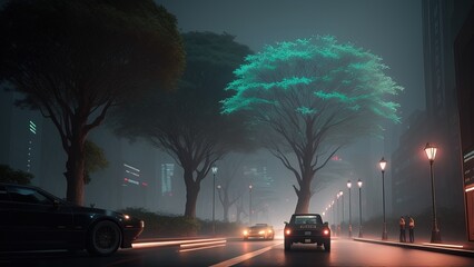 Fototapeta na wymiar The park area of the city of the future. Luminous trees. A place to walk. Illustration.