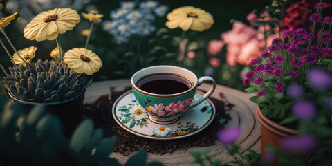 a cup of coffee on a table in a beautiful lush spring garden, generative ai - obrazy, fototapety, plakaty