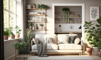 This is a cozy living room with a beige sofa, plants, shelf, coffee table, and boucle rug. AI