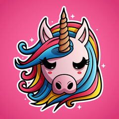 Cute unicorn face cartoon illustration in sticker design baby wild animal