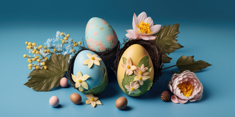 colorful easter eggs with flowers on blue background, generative ai - 579845173
