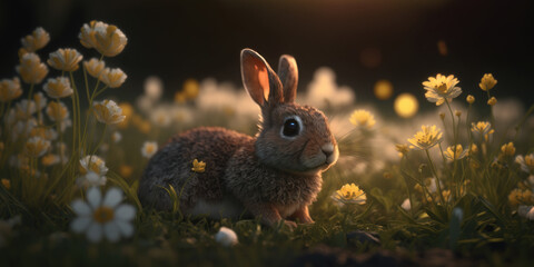 Fototapeta na wymiar a cute rabbit in a spring meadow scene, generative ai