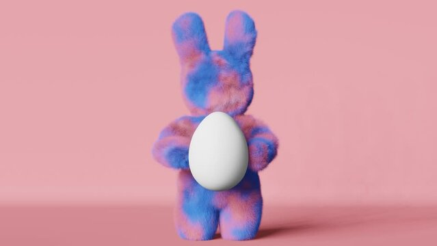 Cute plush furry Easter bunny white egg greeting 3d animation loop 4K Purple pink fur rabbit contemporary creative minimalist style Modern party invitation design. Social media spring content template