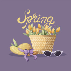 trendy spring illustration with flowers, leaves, bag, vector. cartoon, flat style. for print, web design, advertising