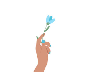 Female hand holding flower. Vector Illustration.