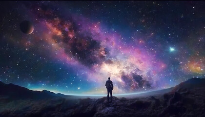 Fototapeta premium a backpacker of the cosmos comes upon the stars colliding, Generative AI