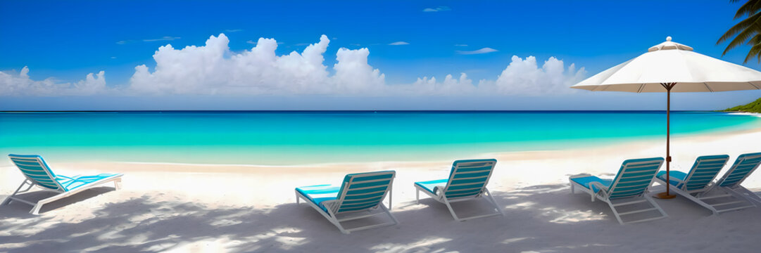 a group of lawn chairs sitting on top of a sandy beach, calm sea and beach background, beach background, relaxed. blue background, generative ai