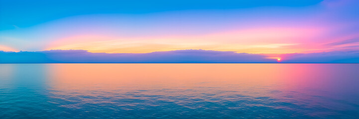 Fototapeta premium a large body of water with a sunset in the background, color field, vaporwave sunrise background, vaporwave surreal ocean, calm ocean landscape, generative ai