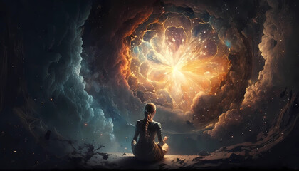 A women sits out and looks at the ever expanding universe, stars collide, and the world begins to form, she is at peace, Generative AI