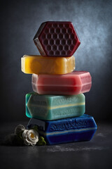 stacked soap bars in different colors and sizes, generative ai - 579846179