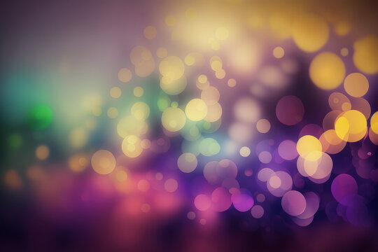 backdrop background texture of blurred and out of focus lights, glowing round shaped bokeh lights, vivid energetic colors, generative AI
