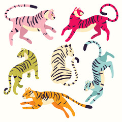 Fototapeta na wymiar Collection of cute hand drawn tigers in different vibrant colors on white background, standing, sitting, running and walking. Colorful vector illustration