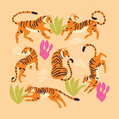Collection of cute hand drawn tigers on light brown background, standing, sitting, running and walking with exotic plants and abstract elements. Colorful vector illustration