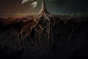 roots of a plant growing in rich soil below the surface, subsurface root structure, crosssection, generative AI