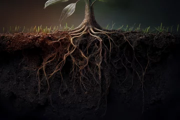 Fotobehang roots of a plant growing in rich soil below the surface, subsurface root structure, crosssection, generative AI © Christian