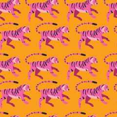 Obraz premium Seamless pattern with hand drawn exotic big cat tiger, in bright pink, on vibrant yellow background. Colorful flat vector illustration