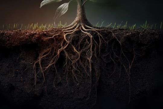 roots of a plant growing in rich soil below the surface, subsurface root structure, crosssection, generative AI