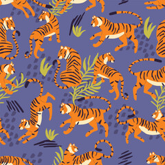 Seamless pattern with hand drawn exotic big cat tiger, with tropical plants and abstract elements on purple background. Colorful flat vector illustration