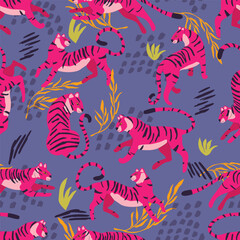 Seamless pattern with hand drawn exotic big cat tiger, in bright pink, with tropical plants and abstract elements on purple background. Colorful flat vector illustration