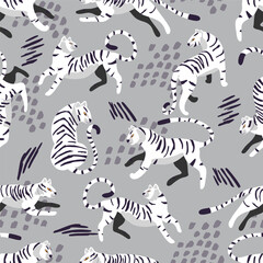 Seamless pattern with hand drawn exotic big cat white tiger, with tropical plants and abstract elements on light gray background. Colorful flat vector illustration - 579846519
