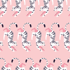 Seamless pattern with hand drawn exotic big cat white tiger, on light pink background. Colorful flat vector illustration
