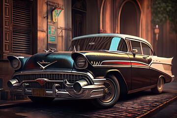Old classic car on the road created with AI	