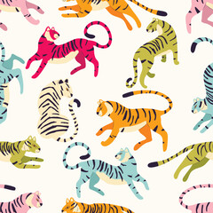 Fototapeta na wymiar Seamless pattern with hand drawn exotic big cat tigers, in different vibrant colors, with tropical plants and abstract elements on light cream background. Colorful flat vector illustration